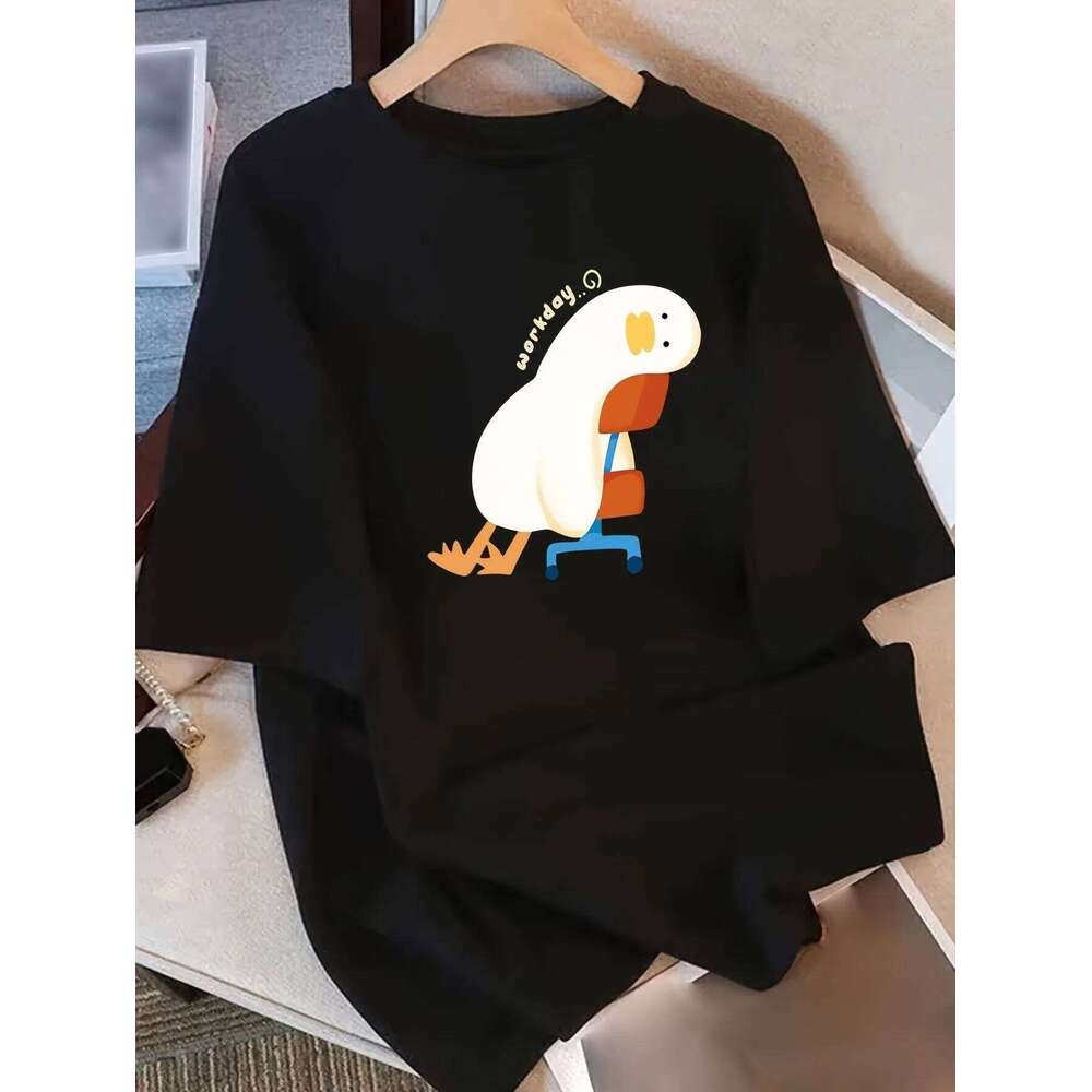 Women's Pure Cotton Short Sleeve T-Shirt - Black Cute Cartoon Duck Print Loose Fit Round Neck Casual Top, Breathable & hine X260209
