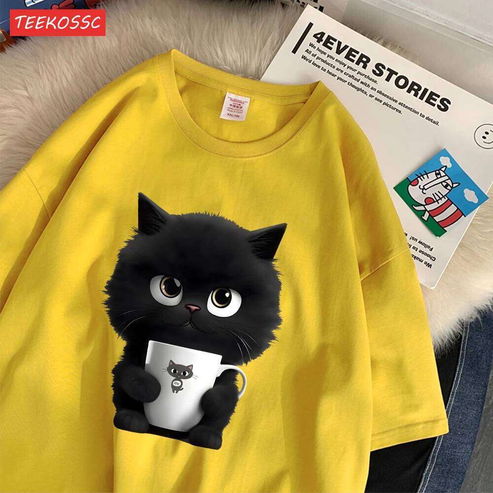 Summer Cotton Women'S T-Shirts A Kitten Holding Cup Printing Streetwear Breathable O-Neck Loose Casual Street Female Clothes X260209