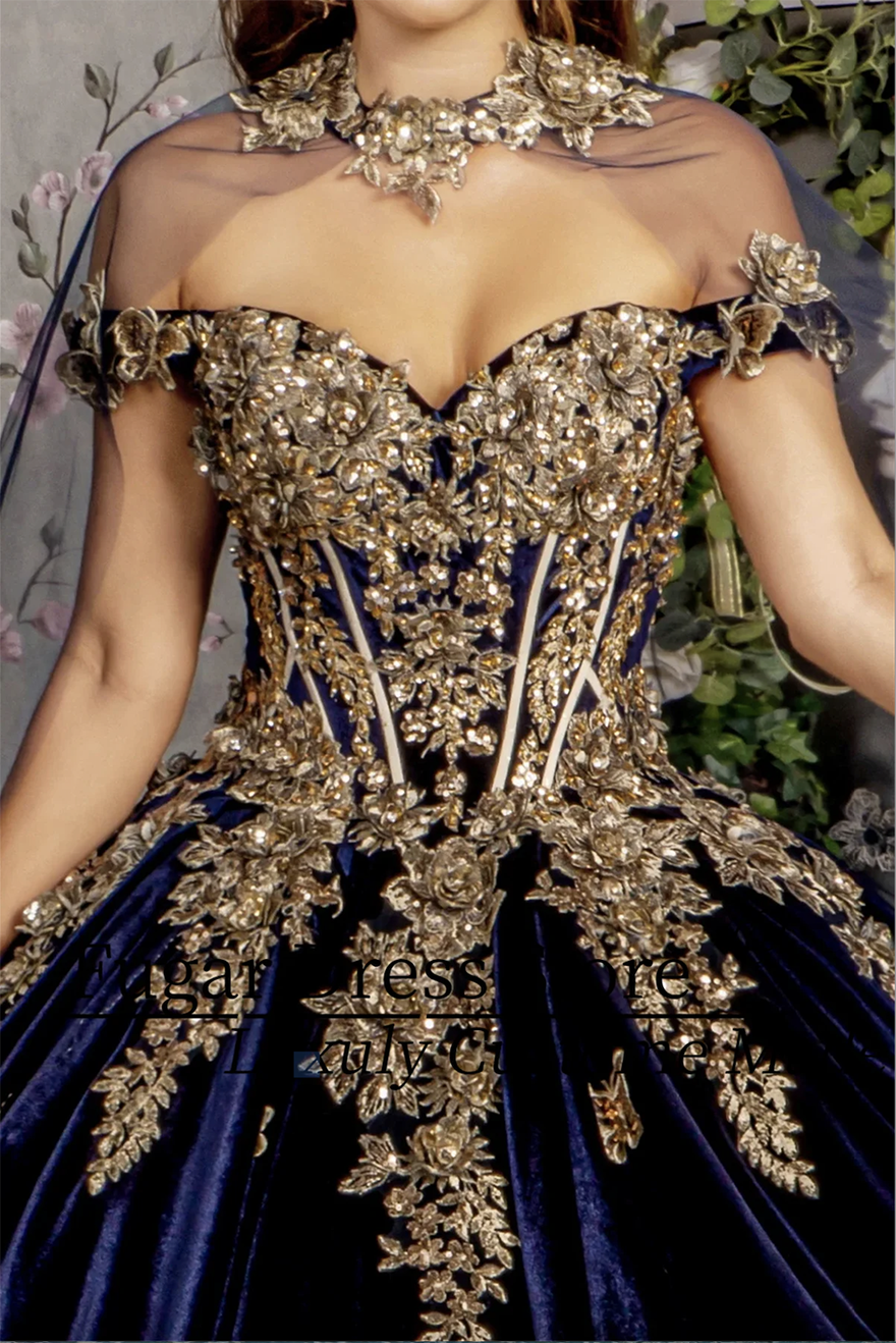 Navy Blue Velvet Quinceanera Dresses Embroidered Metal Decals Off Shoulder Birthday Party Princess Ball Gown Vestidos De 15 Anos N1017