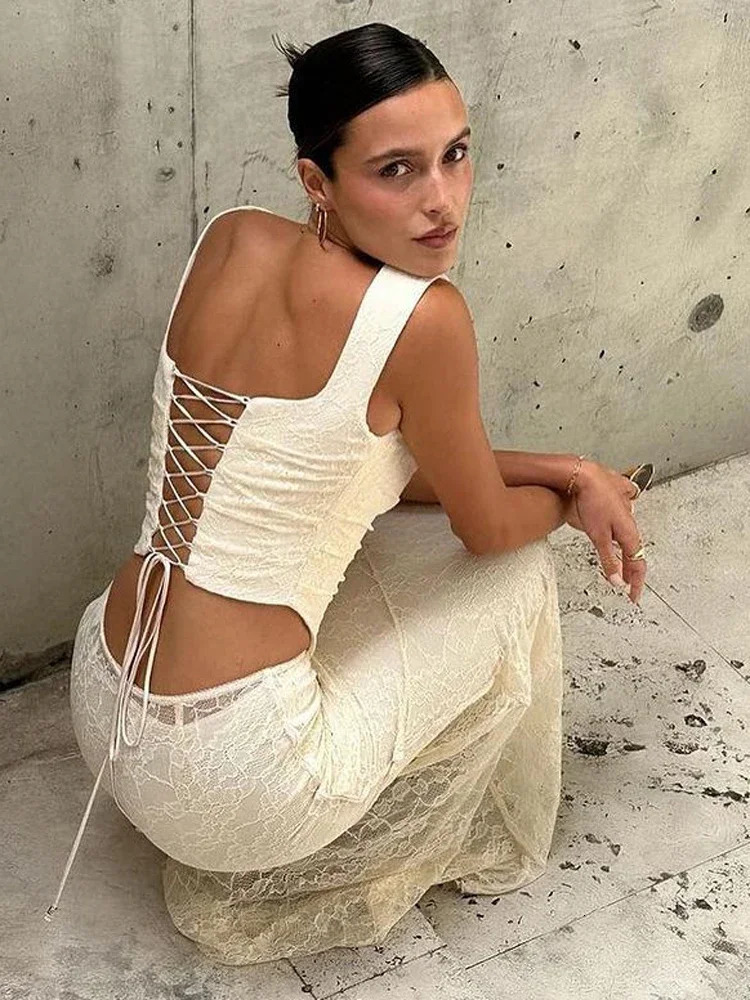 Lace Bandage 2 Piece-Set Long Skirt Female Patchwork Fashion Backless High Waist Elegant Lace-Up Maxi Skirt Sets Outfits 260208