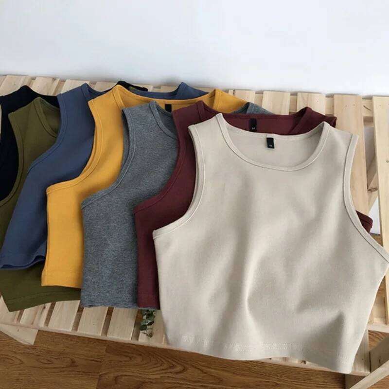 Summer new ladies retro crop high waist slimming stretch slim short sleeveless bottoming top 26Y0209