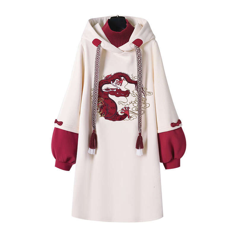 Street Style National Trend Hooded Fake Two-Piece High Collar Han Element Dress Sweatshirt For Women Autumn Winter New Model