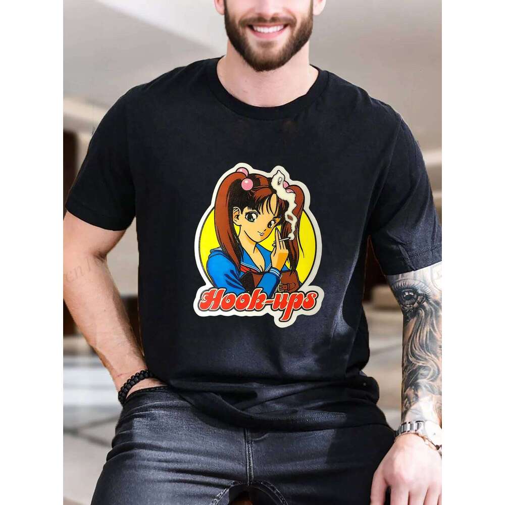 New Arrival Fashion Anime Print T-Shirt Men's Cotton Comfortable Breathable Casual Stylish Creative Donut Smoke Girl Sticker Des X260209