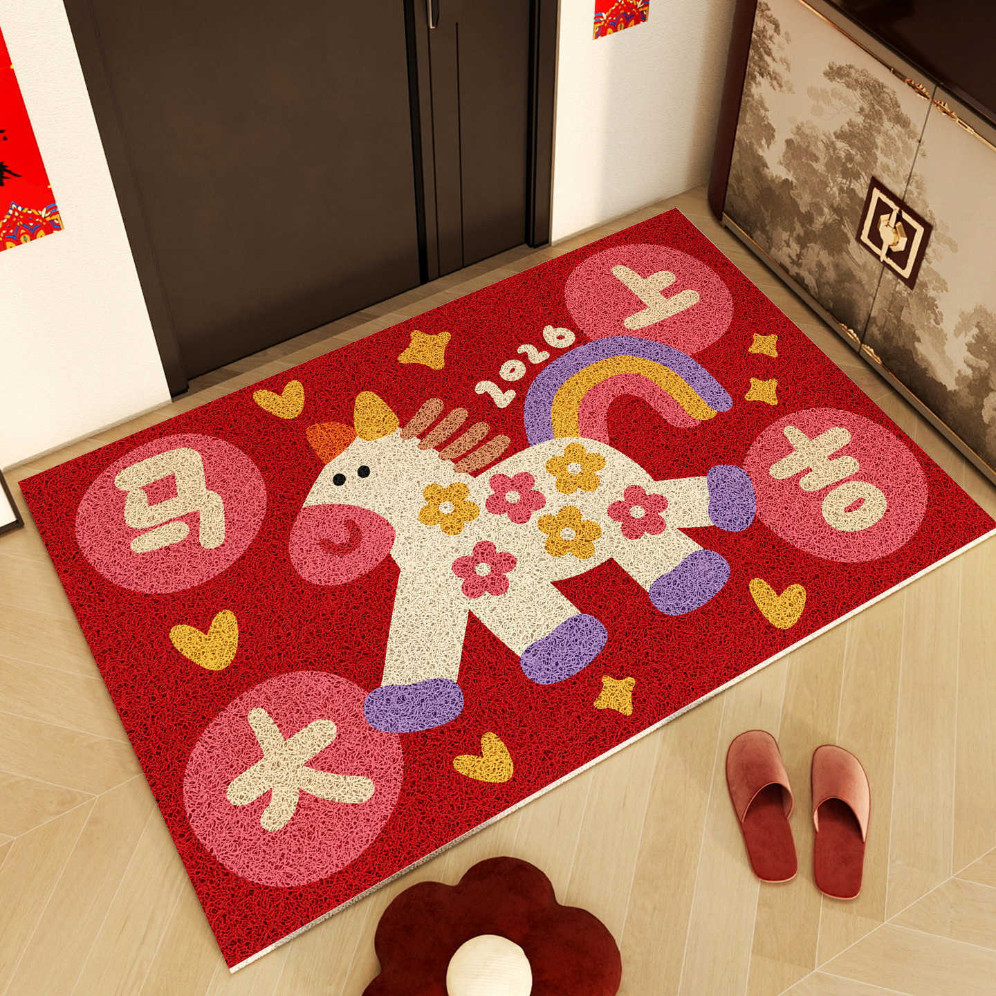New Years Door Mat for the Year of the Horse Festive Red Carpet with Silk Loop Non-Slip and Dirt-Resistant Floor Mat S260207