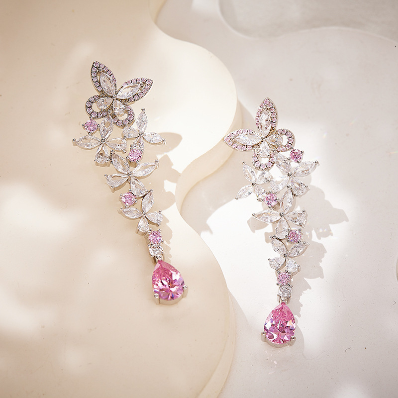 Earrings Delicate Butterfly Earrings, Gold-Plated, Pear-Shaped Pink Diamond Earrings, Exquisitely Crafted, Luxurious Elegant, Long Earrings
