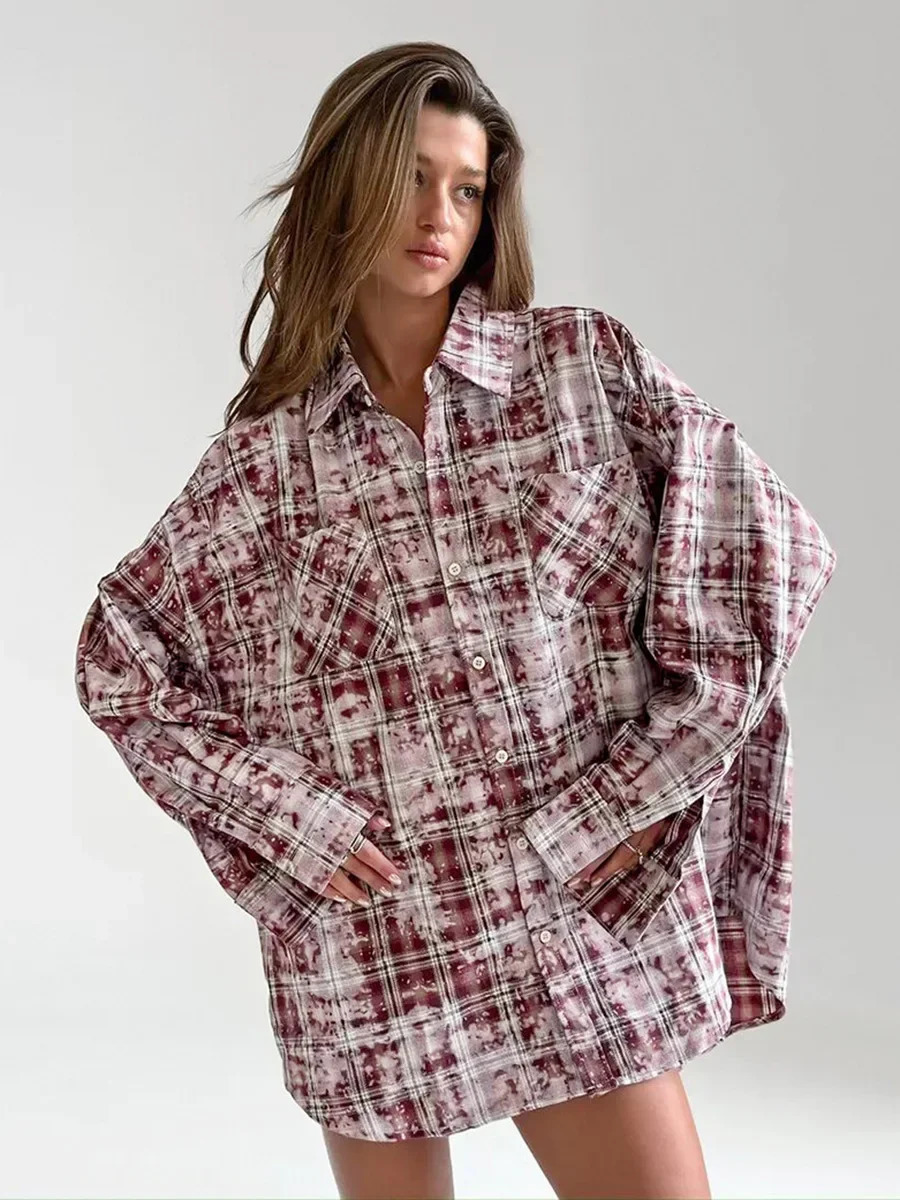 Wolfeel Spring Autumn Personalized Street Retro Vintage Plaid Shirt Womens Loose Outer Long Sleeved Women Loose Shirt 260207