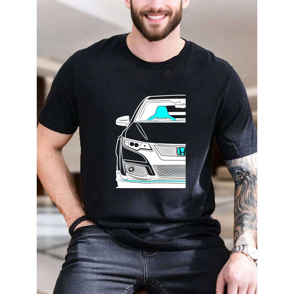 Men's Graphic Print Short Sleeve T-Shirt - Summer Pure Cotton Comfortable Loose Fit, Trendy Red & Black Cars with White Stripe X260209