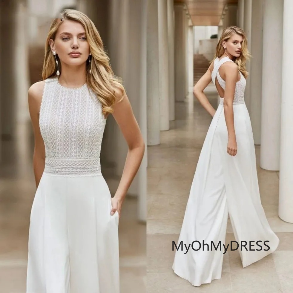 Classic Boho Lace Wedding Jumpsuit Receipt Gowns Hochzeit Women Elegant Crochet Lace Chiffon Beach Bridal Pant Suit Dress Robe De Soiree Mariee Luxe 0
