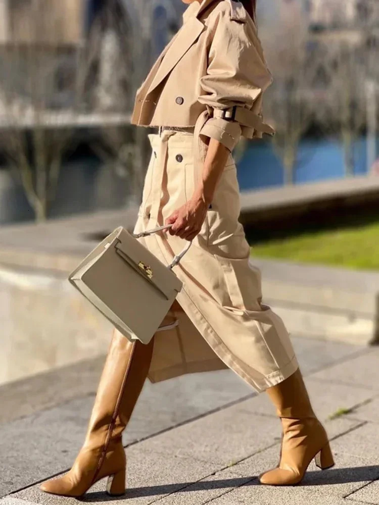 Fashion Two Piece Sets Outfits Office Lady Tracksuit Street Wear Cargo Set Long Sleeve Jacket and Wrap High Split Skirts Suit 260208