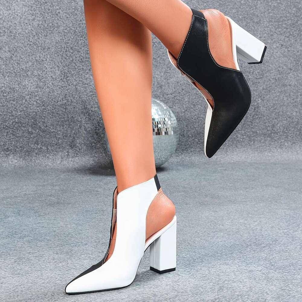 Thick Heeled Pointed High Heeled With Black White Matching And Empty Boots Summer Single Shoe Sandals Women Shoes MOJIDASHU