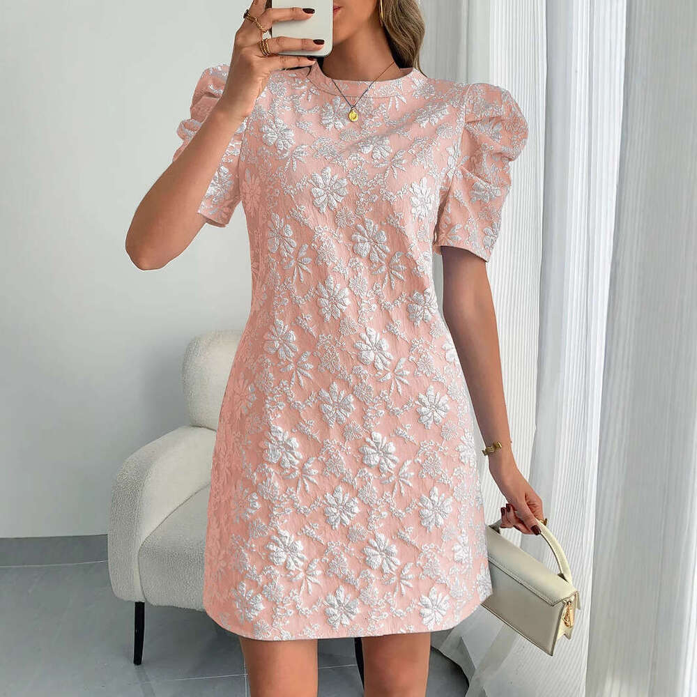 New Women's Ruffle Sleeve Texture Jacquard Collar color lace-up leaf Retro Style Dress Summer daisy relief dress slim fit skirt short sleeved wom