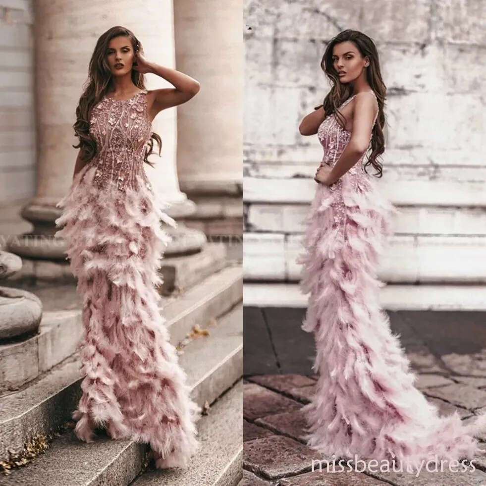 Arabic Dusty Pink 3D Floral Mermaid Feathers Prom Dresses Long African Evening Gowns Semi Formal Gala Dress Graduation Party Gown robe de soiree marie