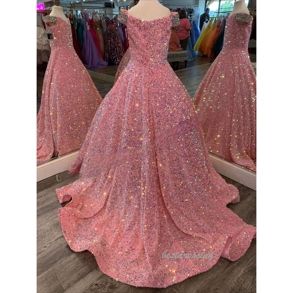 Iridescent Girl Pageant Dress Velvet Sequin Beading Off-Shoulder Little Kid Birthday Formal Party Gown A-Line Toddler Teens Preteen Floor-Length Pink 