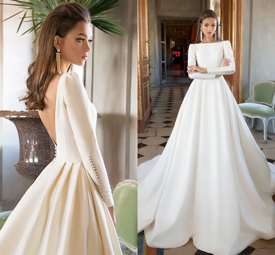 Hot Sale Long Sleeve Satin Wedding Dress 2026 Vintage Backless Princess A-Line Court Train Bride Grown Buttons Vestido De Mariee BC117