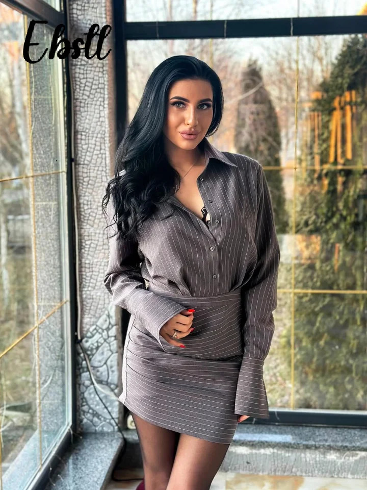 Elegant Striped Shirt Skirts Set Womens Slim Single Breasted Blouse Hip Package Short Skirt Autumn Female Chic Outfits 260208