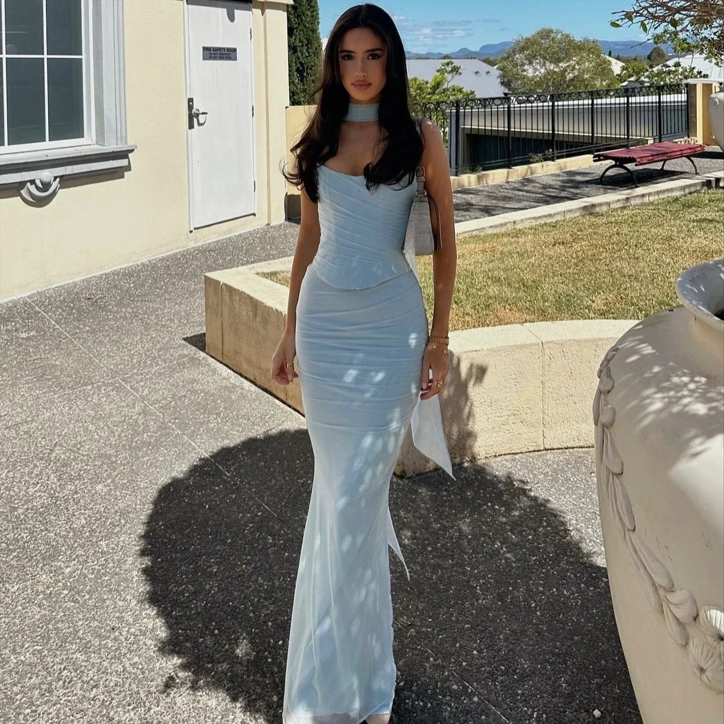 Mingmingxi Elegant Maxi Wedding Guest Dress Set Sexy Strapless Blue Cropped Top Set Bodycon Holiday Party Dresses Women 260208