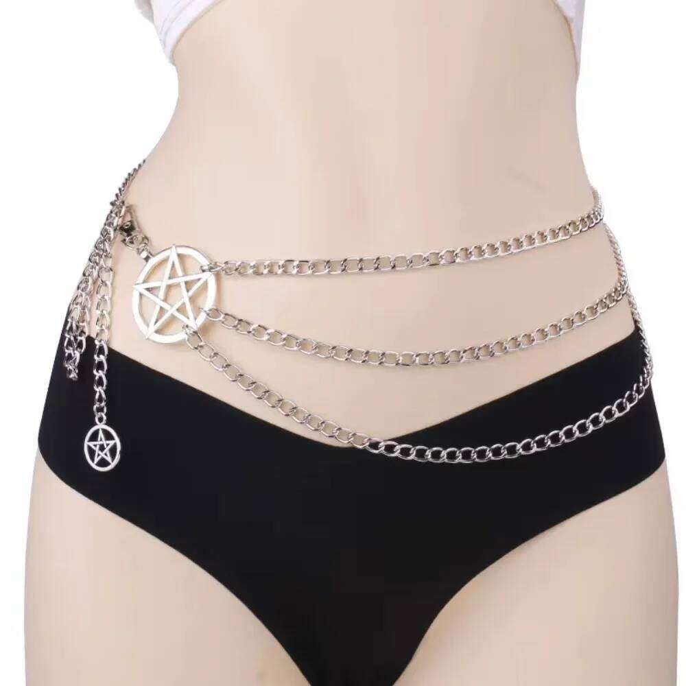 Vintage Alloy Women's Belt Belly Fashion Versatile Design Punk Retro Waist Chain with Double Star Pendant Metal Chains X260209