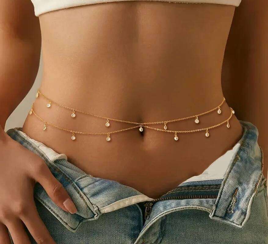Chain, 14K Gold Plated Belly Adjustable Sexy Diamond Bikini Waist Beads for Women Body Chain Jewelry X260209
