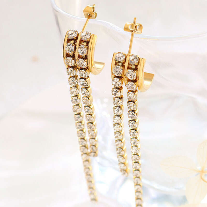 French-style Long Tassel Earrings Full Diamond Inlay, Sparkling Earrings, Elegant Titanium Steel Plated With 18k Gold Jewelry Gift