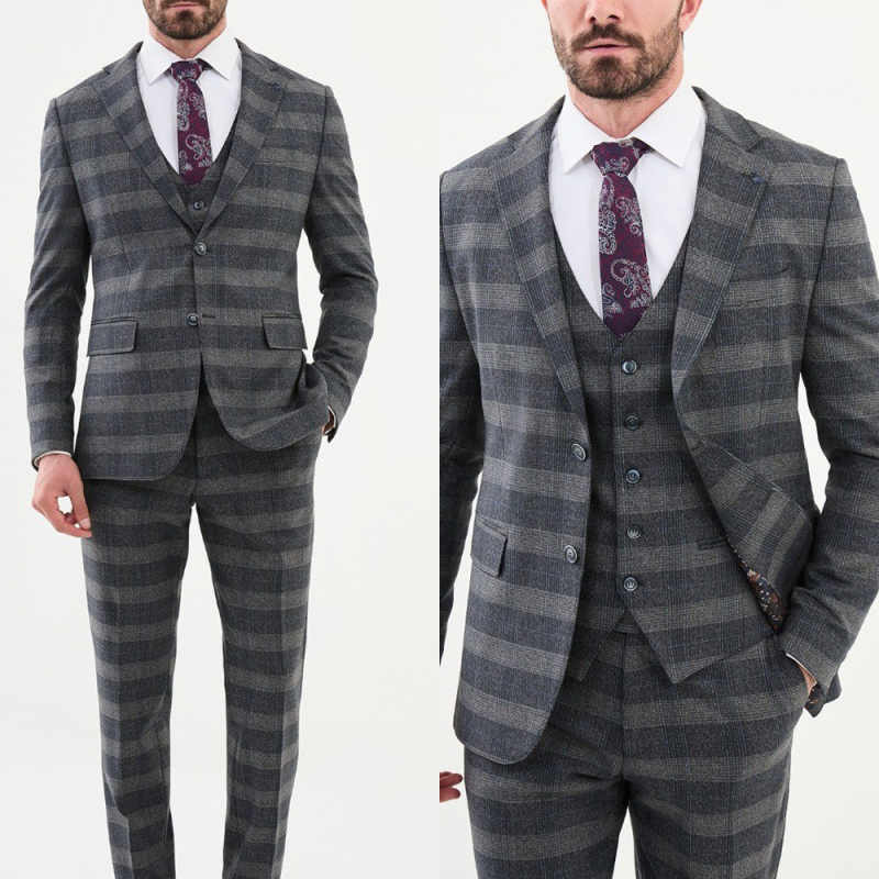 Classic Grid Men Suit 3 Pieces Jacket Pant Vest Peaked Lapel Single Breasted Casual Business Occasion Party Daily Wear Customized
