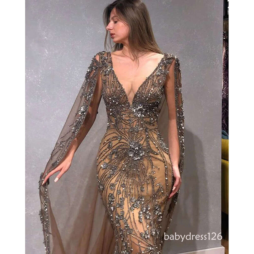 Crystal Mermaid Lace Tulle Beads Evening Dresses with Cape Beaded Champagne Long Prom Gowns Modest Party Dress