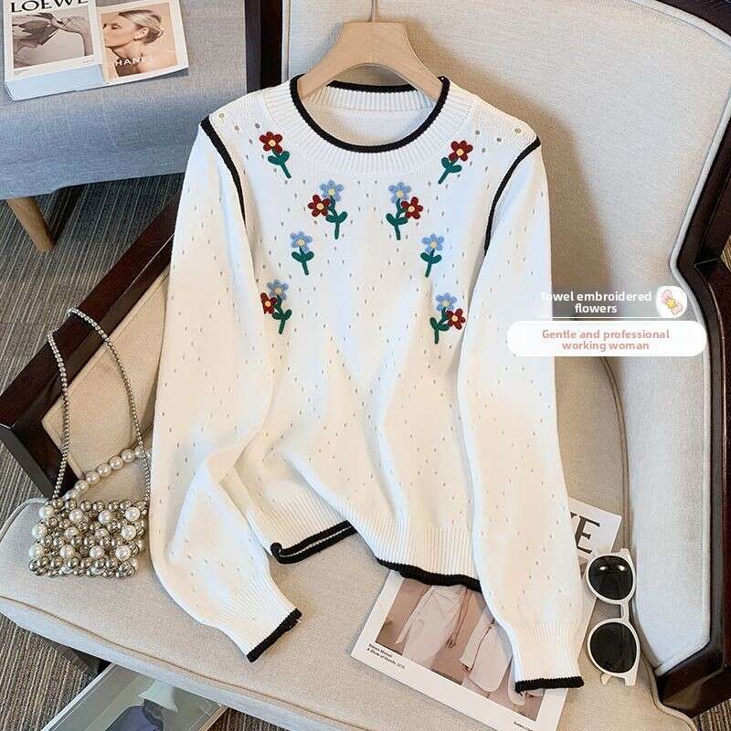 Spring, Autumn, Winter Soft And Elegant Dance-Style Heavy Embroidery Round Neck Sweater For Women, Unique Design, Hollow Out Knit Top, Trendy