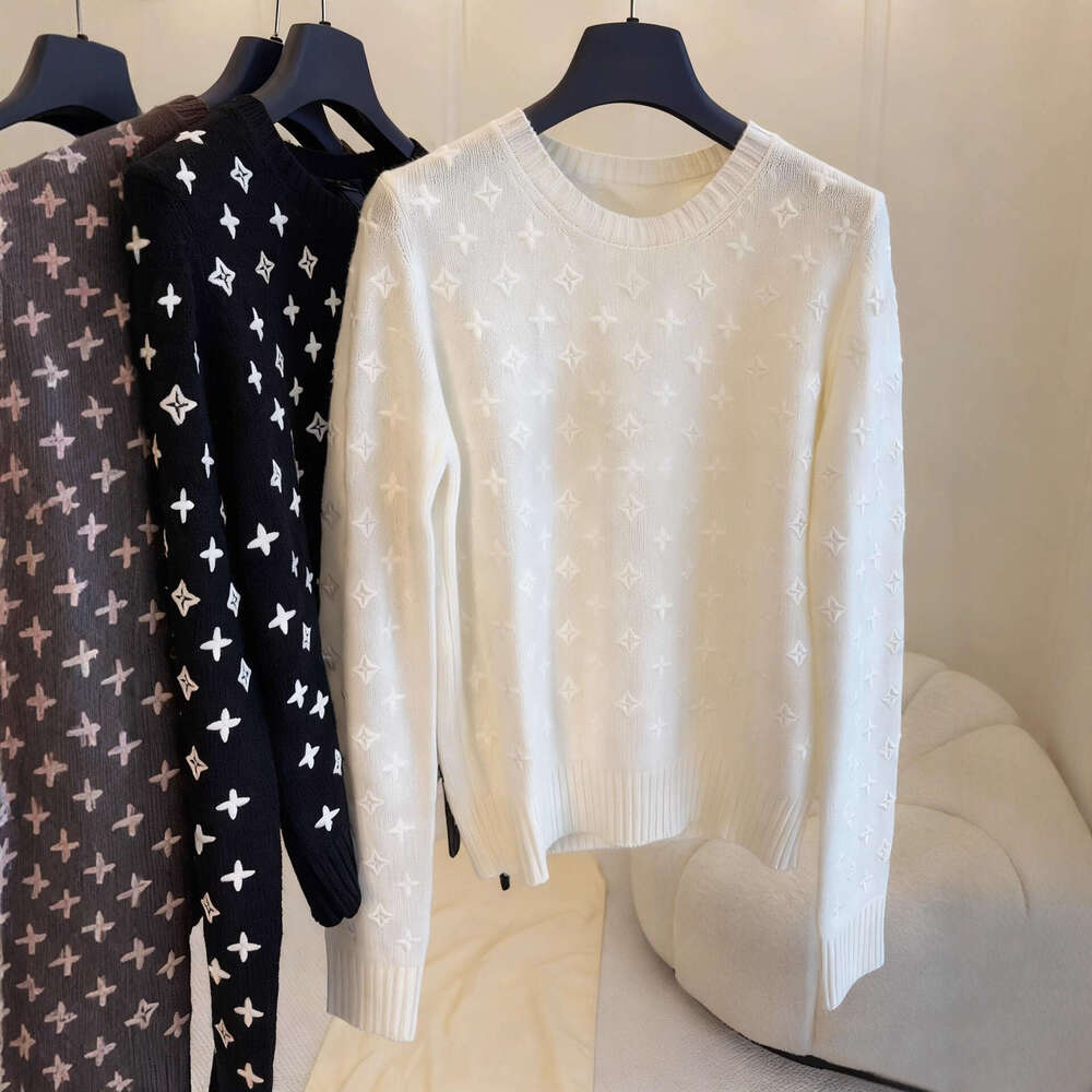 Women's Fashion White tops Jacquard Wool Sweater Letter combination pullover sweater, black knit sweater