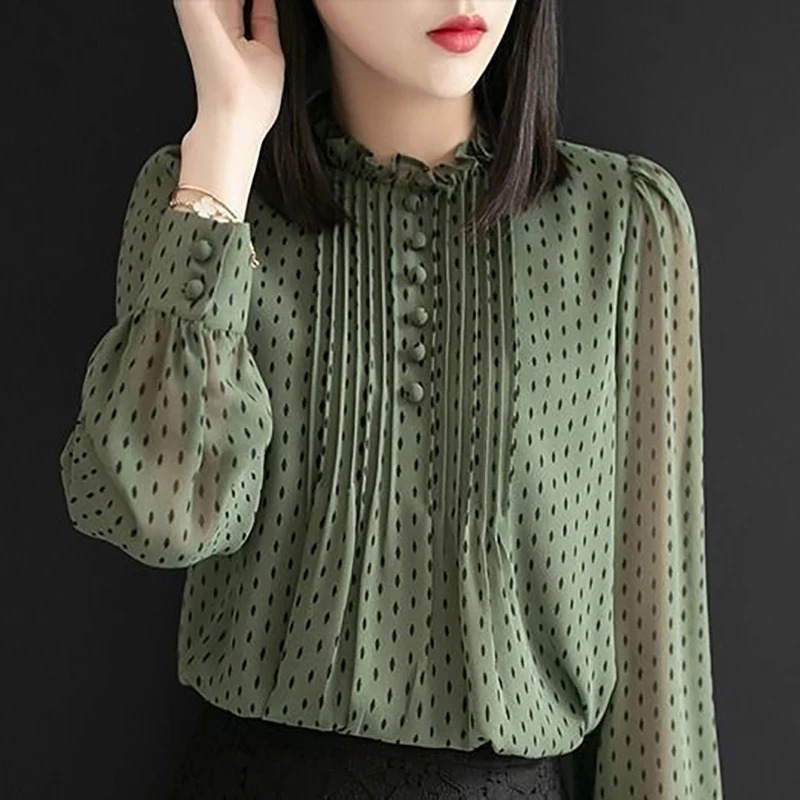 Women Spring Autumn Style Chiffon Blouses Shirts Lady Casual Long Sleeve ONeck Polka Dot Printed Blusas Tops DD8879 250203