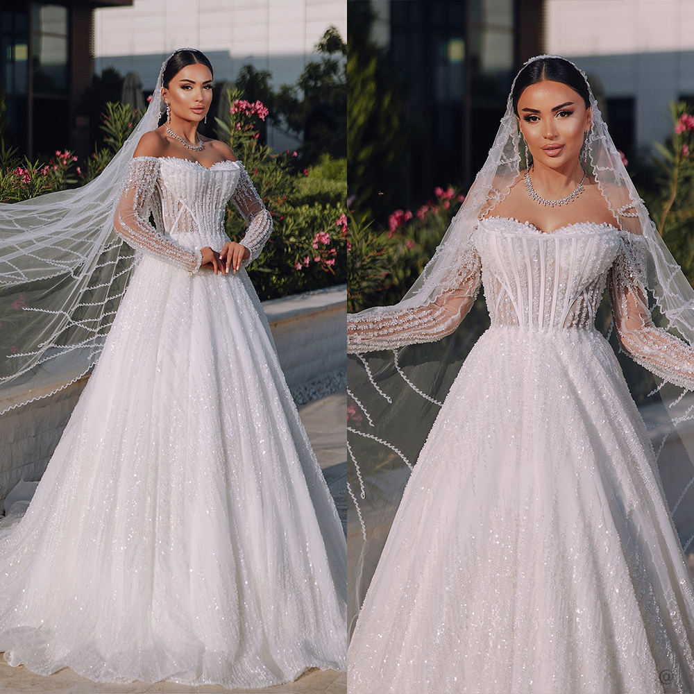 Sparkly Off Shoulder Wedding Dresses Sequins Pearls Bridal Gowns A Line Beading Princess Long Sleeves Customized Vestidos De Novia Plus Size
