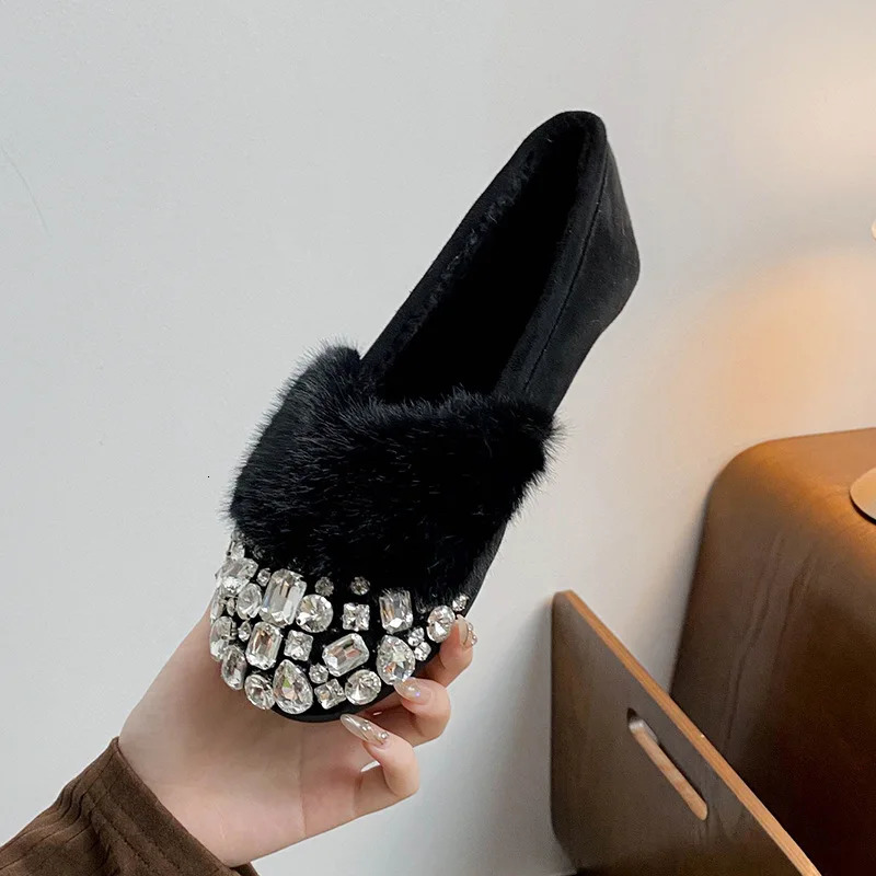 Glitter Rhinestone Ladies Plush Flat Shoes Female Cozy Crystal Decorate Loafers Winter Warm Walking Driving Shoes Casual 260124