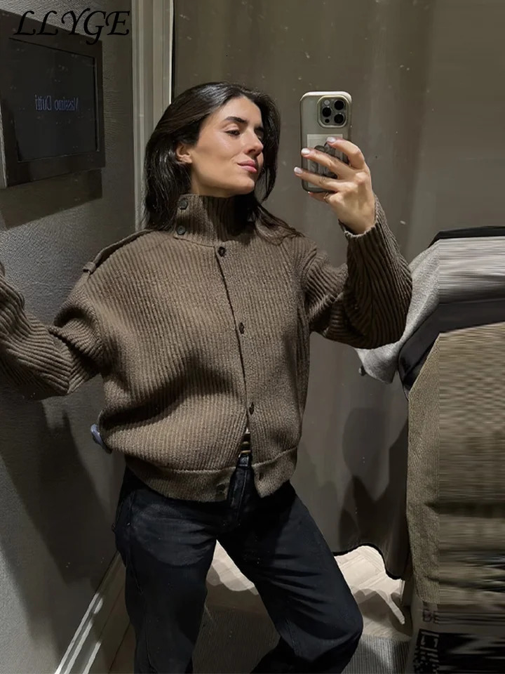 Casual Womens Knit Ribbed Cardigans Stand Collar Single Breasted Long Sleeve Female Sweater 2026 Spring Lady Chic Knitwear 260122