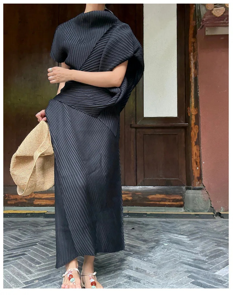 Miyake Pleated Women Set 2026 Summer Solid Color Irregular n Tshirt Loose Large Half Skirt Female Two Piece 250203