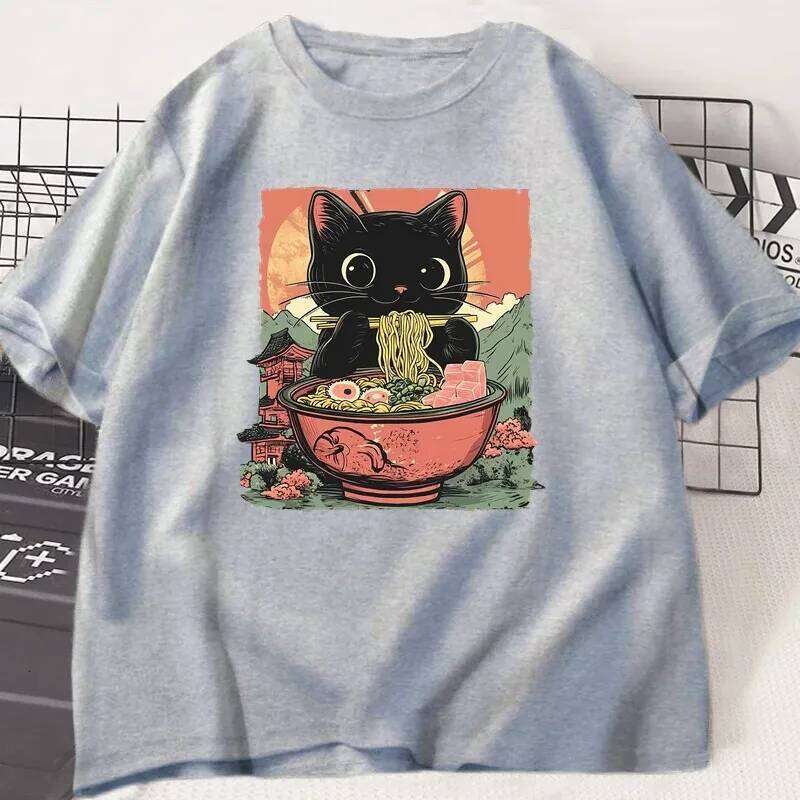 Cute Black Cat Eating Ramen Print Harajuku Short Sleeve Casual Women's T-shirt Clothing Tops Aesthetic Clothes X260209