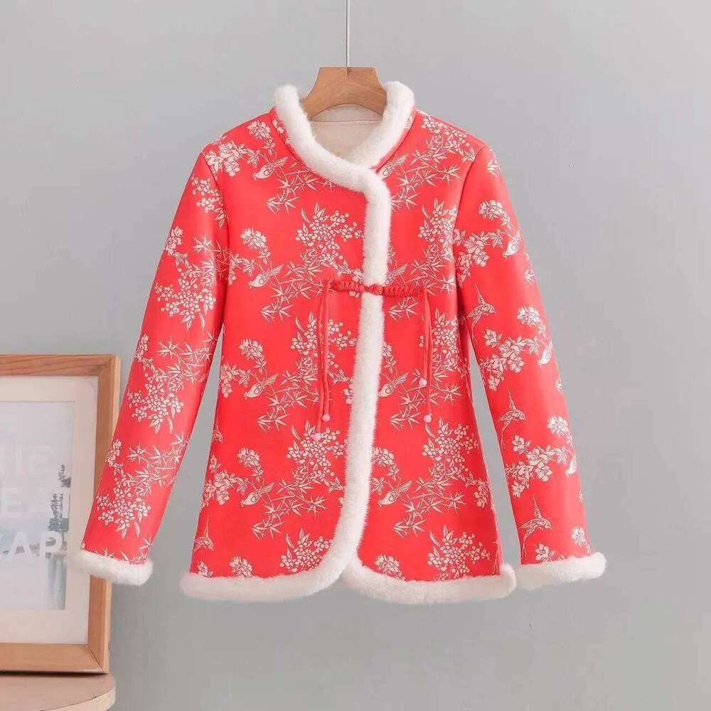 Mardi Hefxessdr Thickened Winter Cotton Jacket Chinese Style National Fashion Button Design Plush Lined Deer Skin Outerwear Top