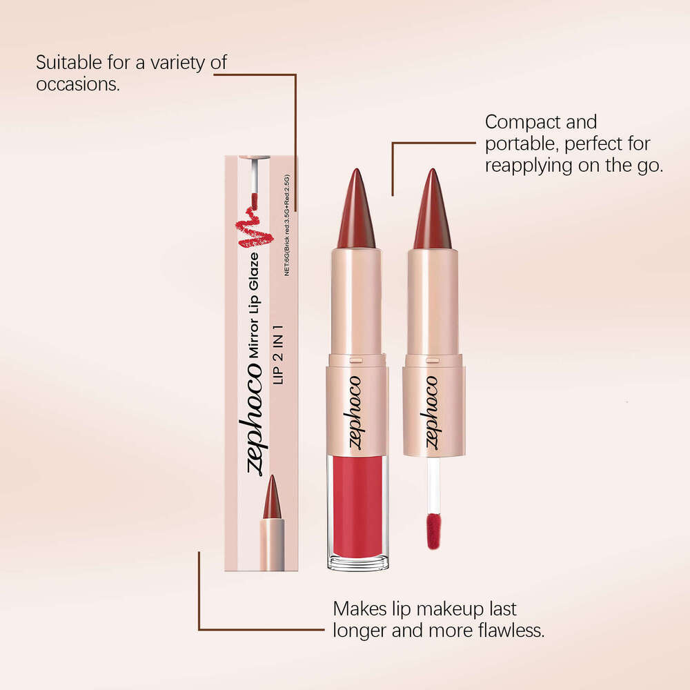 Zephoco Brick Red Two-in-One Mirror Gloss Lip Makeup Bright Color Gorgeous Look Lipstick