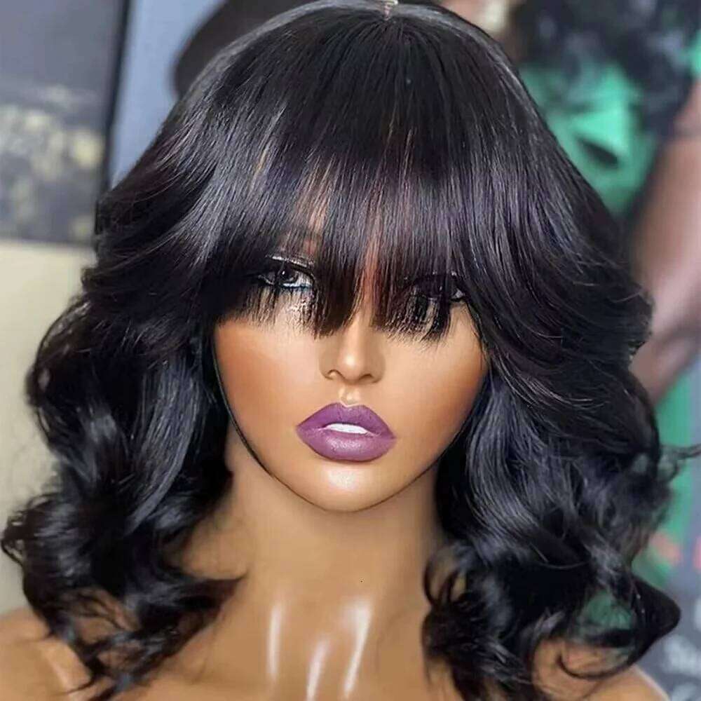 Body Wave Human Hair With Bangs Fringe Middle Part Realistic Scalp Brazilian Straight Bob Lace Wigs SHXI