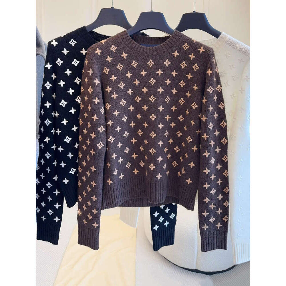 Women's Fashion White tops Jacquard Wool Sweater Letter combination pullover sweater, black knit sweater