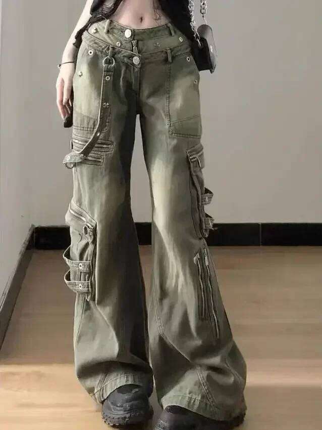 Loose Retro Washed Cargo Streetwear Zipper Baggy Hiphop Straight Pants Multi-pocket Wide Leg Jeans Women