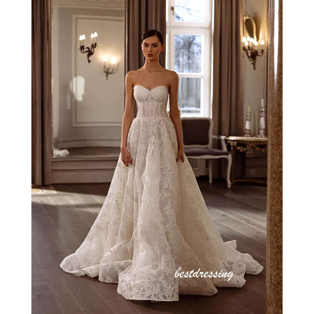 Classy Ivory Lace Wedding Dresses With Removable Sleeves Sexy Strapless Plus Size Boho Bridal Gowns Sweep Train A Line Modern Bride Reception Marriage