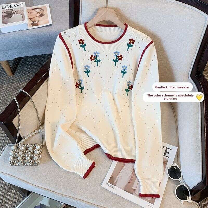 Spring, Autumn, Winter Soft And Elegant Dance-Style Heavy Embroidery Round Neck Sweater For Women, Unique Design, Hollow Out Knit Top, Trendy