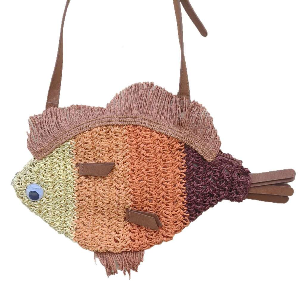 Niche Design Single Shoulder Crossbody Cute Color-Block Small Fish Handwoven Straw Spring Summer Beach Bag