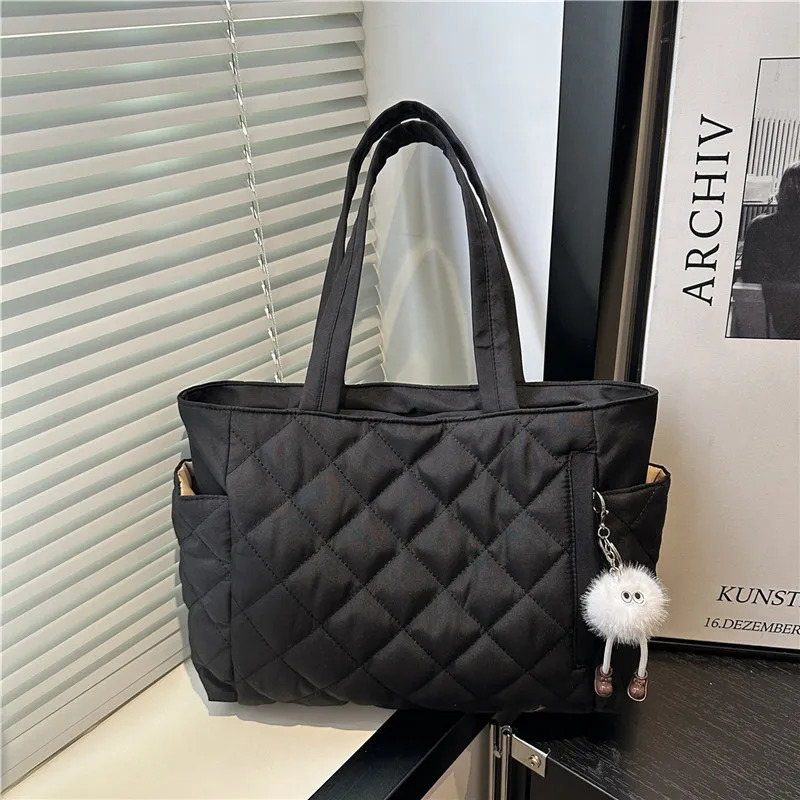 Multi Pocket Women Mailman Bag Diamond Patterned Cotton Clothing Shoulder Bag Large Capacity Tote Bag Casual Nylon Shoulder Bag260128