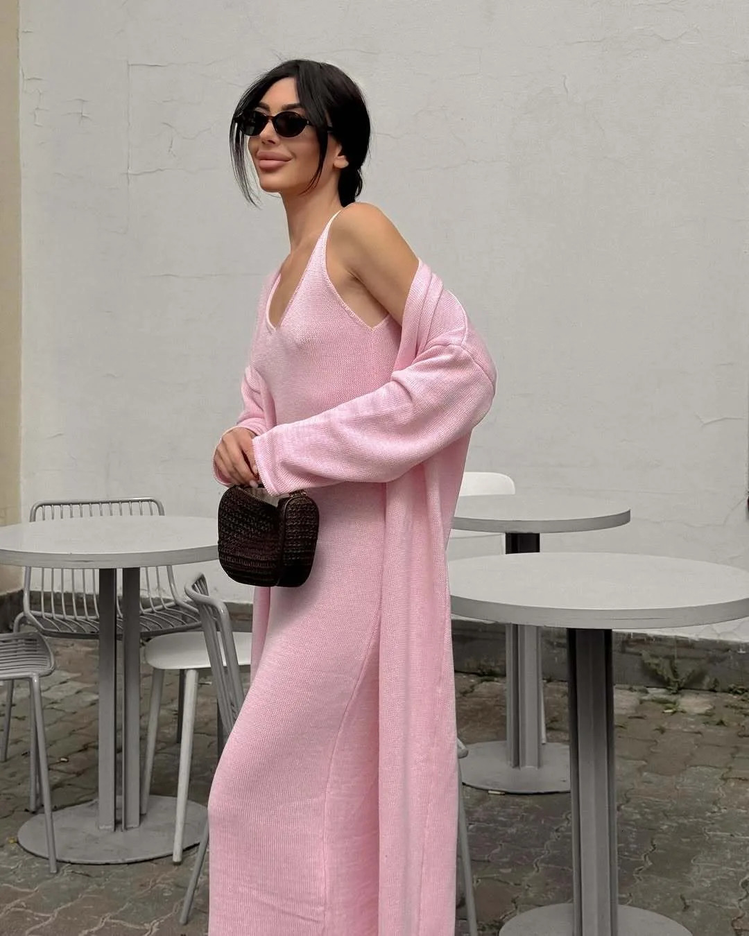 Hirsionsan Soft Loose Sets Women Two Pieces Long Sleeve Cardigan Vest Dresses Elegant Female Hollow Outfits Cotton Tracksuit 260208