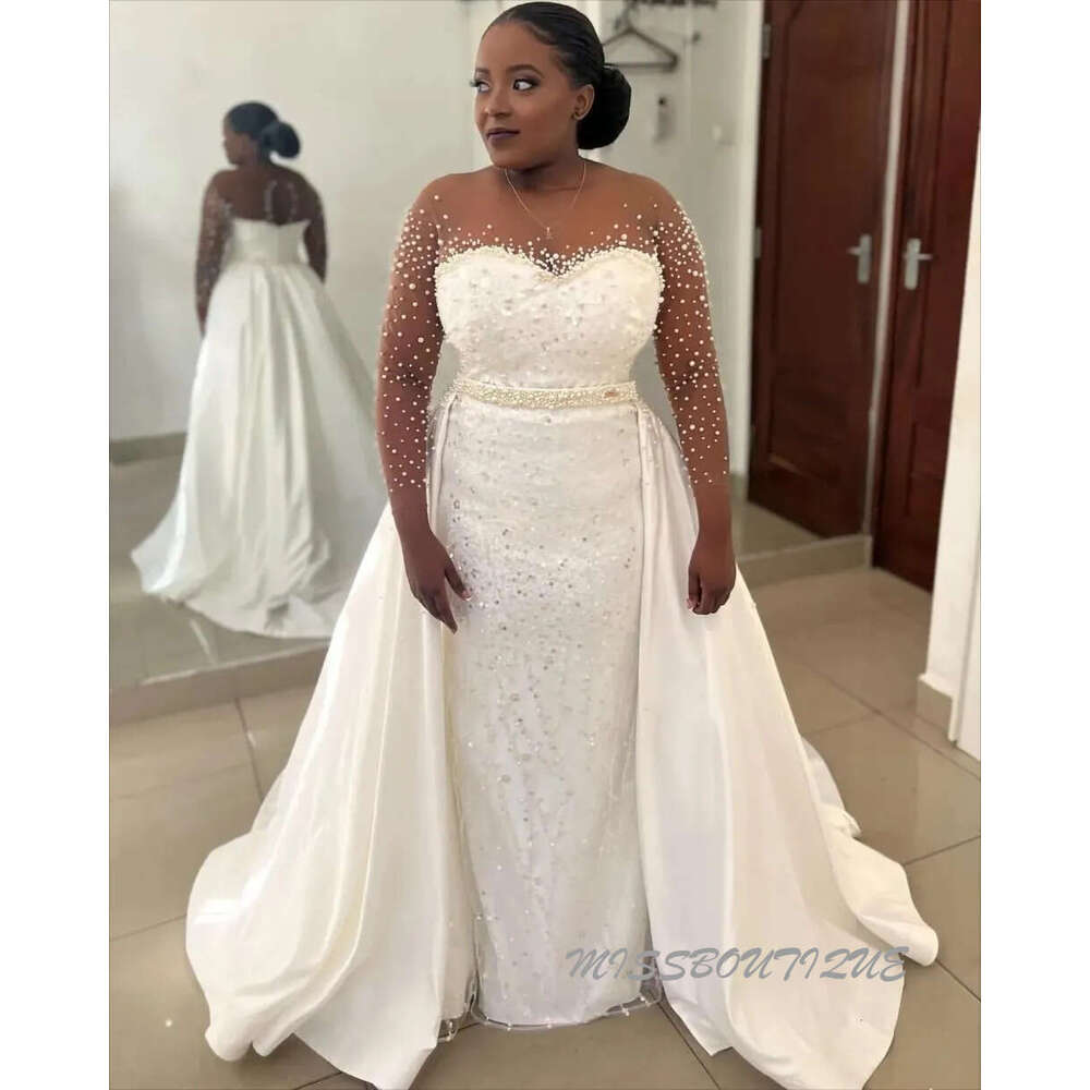 Ivory Satin Mermaid Wedding Dress With Pearls Sequins Full Sleeves And Detachable Train Vestido De Novia 0209