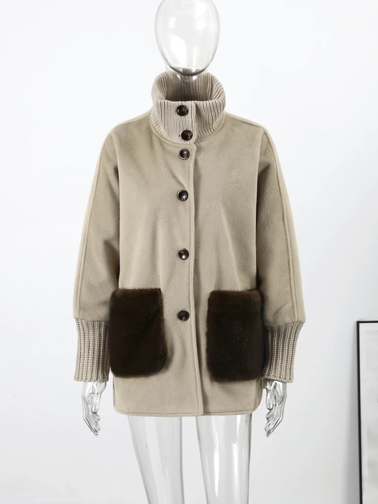 Knitted Fur Sweaters Women Casual Stand Collar Long Sleeve Single-breasted Pocket Loose Cardigan 2026 Early Spring Chic Knitwear 260122