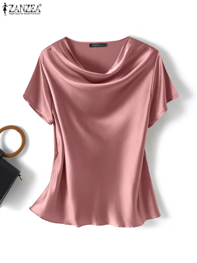 ZANZEA Summer Fashion Satin Blouse Women Short Sleeve Solid Shirt Female Casual OL Work Tunic Tops Elegant Loose Blsuas Oversize 250203