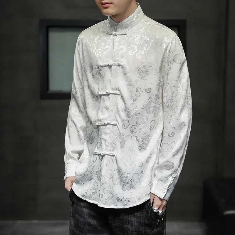 Buckle Elegant Tang Jackets Silver Mandarin Collar Blouse Red Chinese New Year ClothesBig Size Blue Satin Silk Shirts For Mens C260209