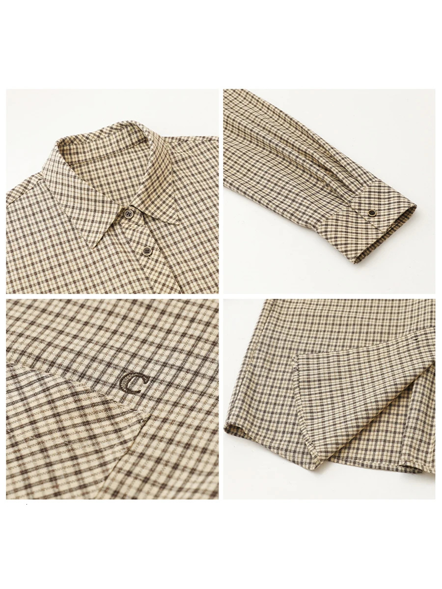 CHIC VEN Women Shirt Loose Casual Single-breasted Retro Contrast Plaid Embroidered Blouses Female Top Autumn Winter 260207