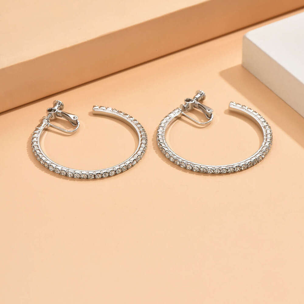 Hoop Earrings Diamond Earrings Unisex High Quality Retro Elegant Rhinestone Circle Large Earrings Simple Fashion Non-Pierced Screw Ear Clips