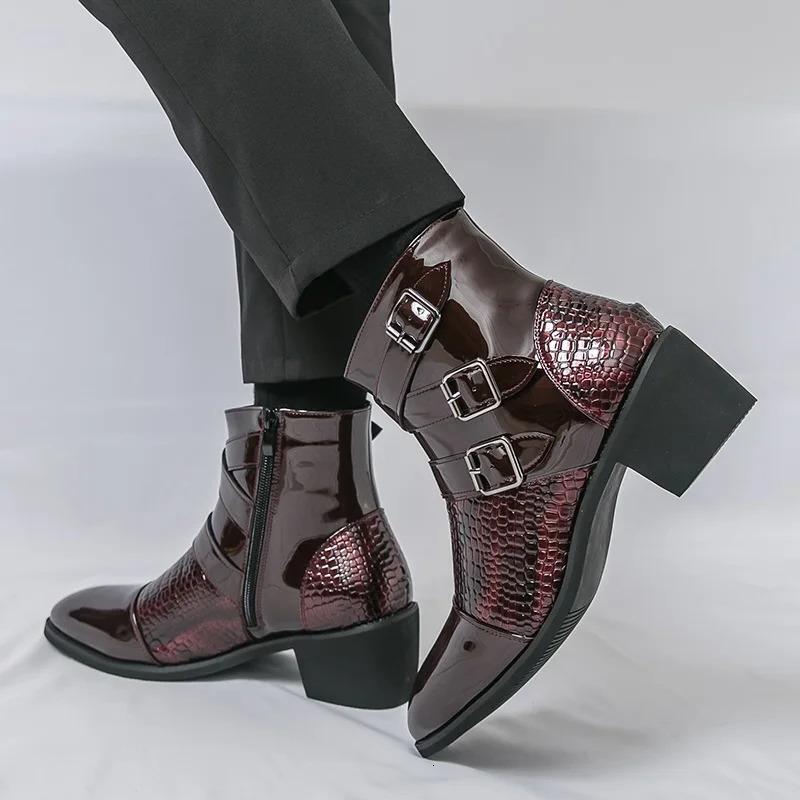Mens Pointed Patchwork Patent Leather Casual Ankle Boot Male Winter High Tops Monk Strap Shoes Zapatos Hombre 260208